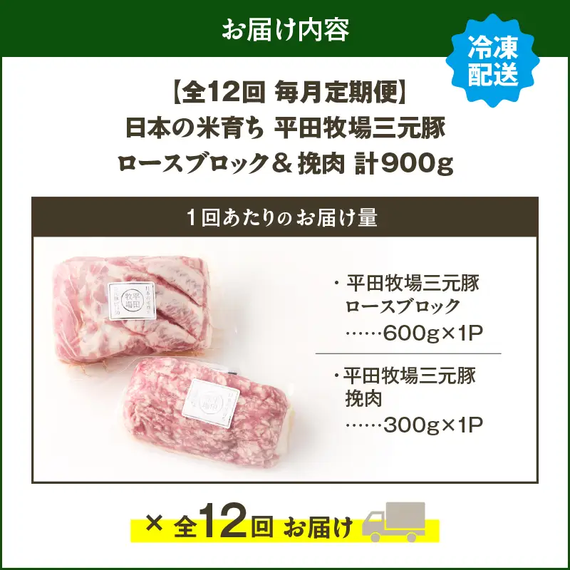 【 全12回 毎月 定期便 】 日本 の 米育ち 平田牧場 三元豚ロース ブロック 600g ・ 三元豚挽肉 300g T036-T13-03 肉 豚肉