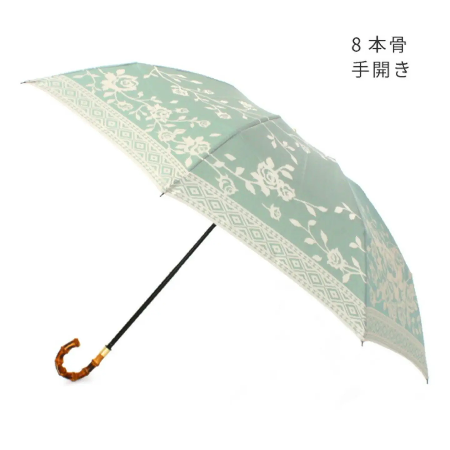 【槙田商店】晴雨兼用折りたたみ傘　kirie　バラ　セイジグリーン｜送料無料 槙田商店 傘 雨傘 おしゃれ レディース 贈答 プレゼント ギフト 母の日 誕生日 日本製 女性 長傘 晴雨兼用 ブランド 高品質 婦人用 日傘 UV加工