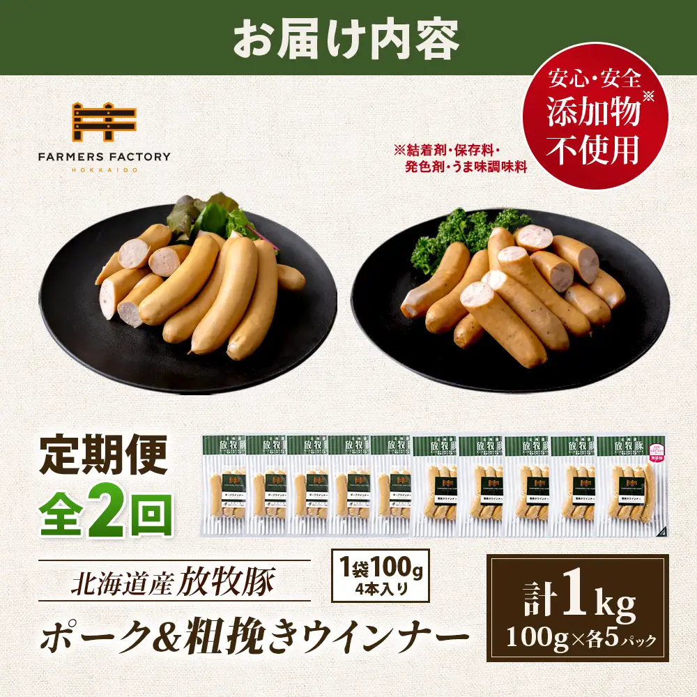 【定期便：2回】北海道産放牧豚 無添加ポークウインナー・粗挽きウインナー ×各5パック【12005601】