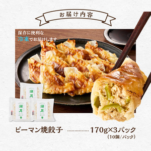冷凍ピーマン焼餃子 _ 10個 × 3パック タレ付き ぎょうざ専門店 湖月 自家製 手作り 職人技 冷凍 ピーマン 餃子 薄皮 ジューシー 焼き餃子 香ばしい 香り 食感 おかず おつまみ お取り寄せ お取り寄せグルメ 福岡県 久留米市 送料無料  〔Cx254〕