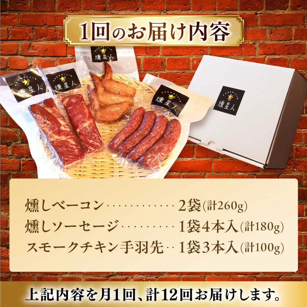 【全12回定期便】無添加燻製セットA 計500g程度 / 燻製 鶏肉 豚肉 スモーク おつまみ / 瀬戸市 / 天佑 [BBBZ019]