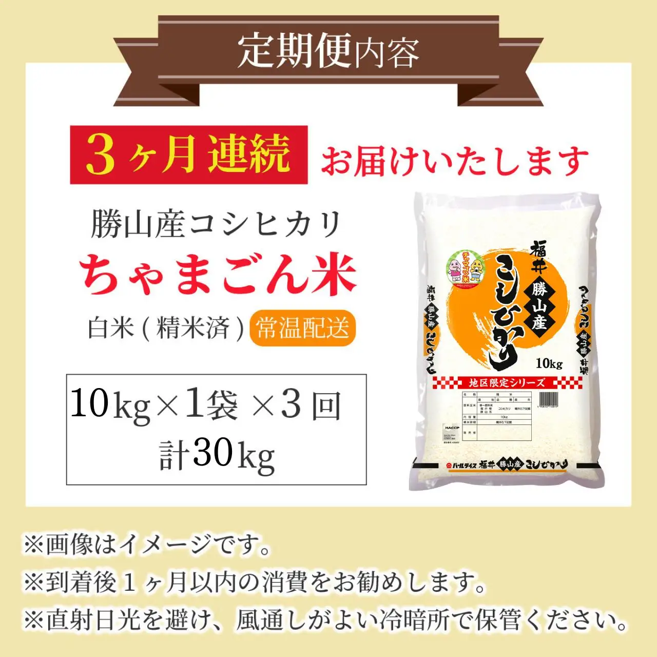 米 コシヒカリ 勝山産 ちゃまごん米 10kg×3回  定期便 [I-010022]