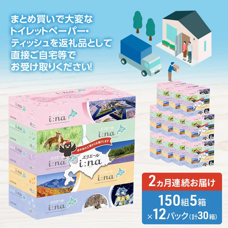 【2ヵ月連続お届け・計120箱】エリエール i:na (イーナ) 北海道 ティシュー 150組5箱 12パック フィルムレス ふるさと納税限定デザイン イーナ ボックスティシュー 箱ティッシュ ペーパー 備蓄品 花粉 赤平市