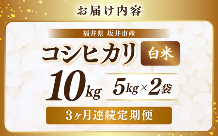 【先行予約】【令和8年産・新米】 定期便 ≪3ヶ月連続お届け≫ 坂井市産 コシヒカリ 白米 10kg (5kg×2袋)×3回 計30kg (アグリ川崎) 【2026年10月以降順次発送予定】 【米 こめ お米 精米 ブランド米 こしひかり 国産】 [F-20506]