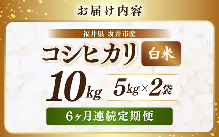 【先行予約】【令和8年産・新米】 定期便 ≪6ヶ月連続お届け≫ 坂井市産 コシヒカリ 白米 10kg (5kg×2袋)×6回 計60kg (アグリ川崎) 【2026年10月以降順次発送予定】 【米 こめ お米 精米 ブランド米 こしひかり 国産】 [K-20506]