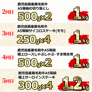 ＜定期便・連続全5回＞鹿児島県産 黒毛和牛 A5等級 牛づくし定期便(5ヶ月連続・合計約5.2kg) 国産 牛肉 ロース モモ カルビ 切り落とし サーロインステーキ サイコロステーキ 定期便 鹿児島 焼肉 しゃぶしゃぶ すき焼き 【前田畜産たかしや】【2401710b】