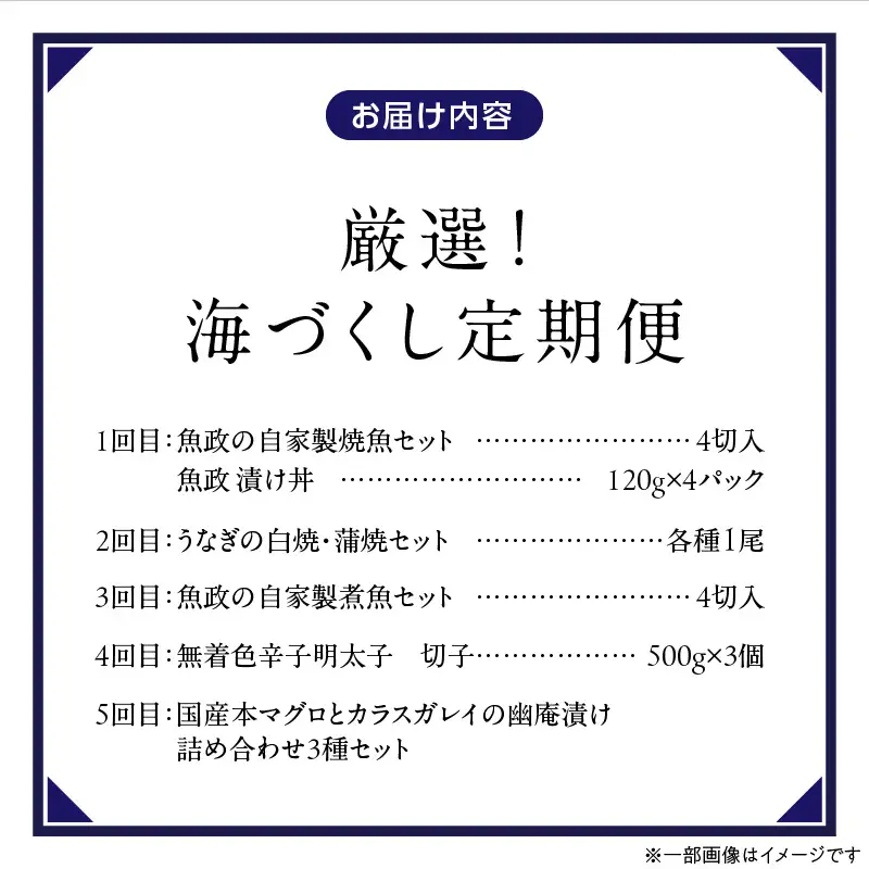 【定期便 5回】厳選！海づくし定期便 _ 定期便 5回 お届け 海づくし 海鮮 焼魚 真鯛味噌焼 金目鯛塩焼 銀ダラ味醂 紅鮭塩焼 漬け丼 銀ダラ西京漬け 銀むつ カマ煮付け 辛子明太子 食べ比べ 本マグロ 赤身柵 中トロ柵 グルメ おかず 厳選 海の恵み お取り寄せ 福岡県 久留米市 送料無料  〔Tk125〕