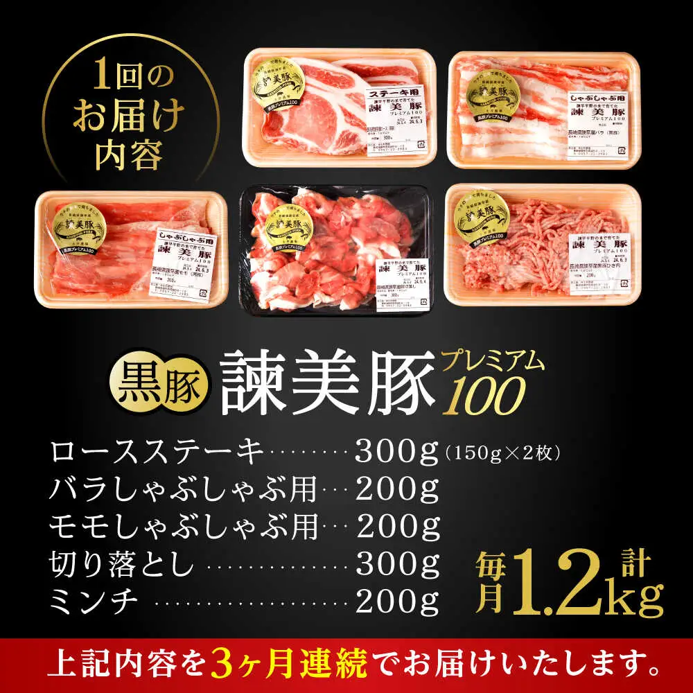 【3回定期便】＜特Aのブランド米で育てた＞黒豚諫美豚プレミアム100 5種セット 計1.2kg( ロースステーキ バラ モモ 切り落とし ひき肉 ) / 豚肉 ロース ステーキ 挽き肉 ミンチ / 諫早市 / 株式会社土井農場[AHAD111]