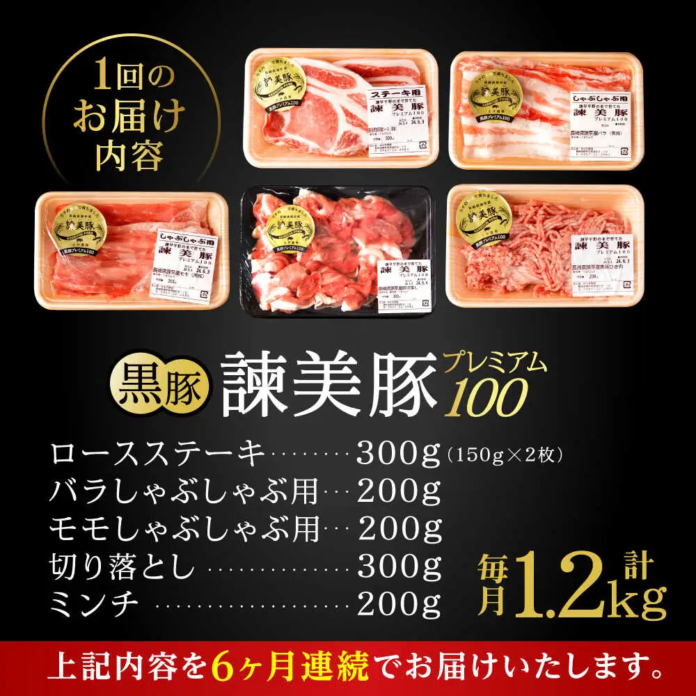 【6回定期便】＜特Aのブランド米で育てた＞黒豚諫美豚プレミアム100 5種セット 計1.2kg( ロースステーキ バラ モモ 切り落とし ひき肉 ) / 豚肉 ロース ステーキ 挽き肉 ミンチ / 諫早市 / 株式会社土井農場[AHAD112]