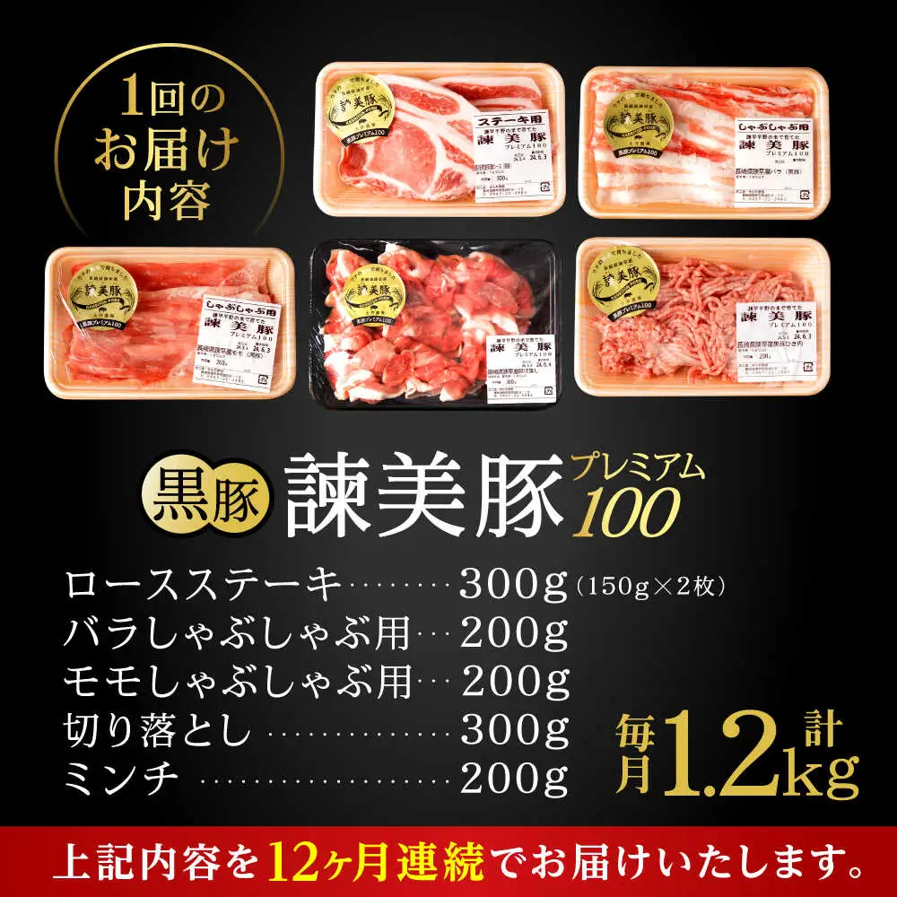 【12回定期便】＜特Aのブランド米で育てた＞黒豚諫美豚プレミアム100 5種セット 計1.2kg( ロースステーキ バラ モモ 切り落とし ひき肉 ) / 豚肉 ロース ステーキ 挽き肉 ミンチ / 諫早市 / 株式会社土井農場[AHAD113]