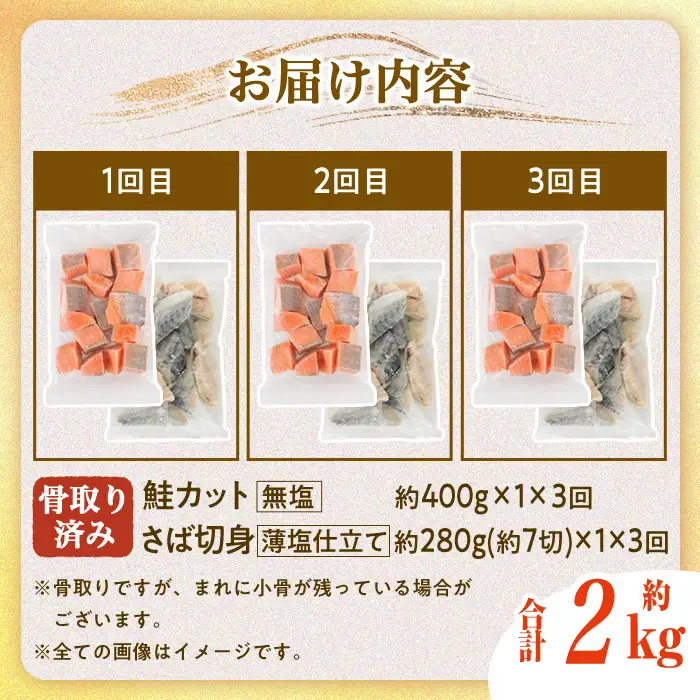 【定期便・全3回(連続)】骨取り さば切身と鮭カットのセット(総量約2kg)  小分け 冷凍 魚【AW-105】【丸正水産】