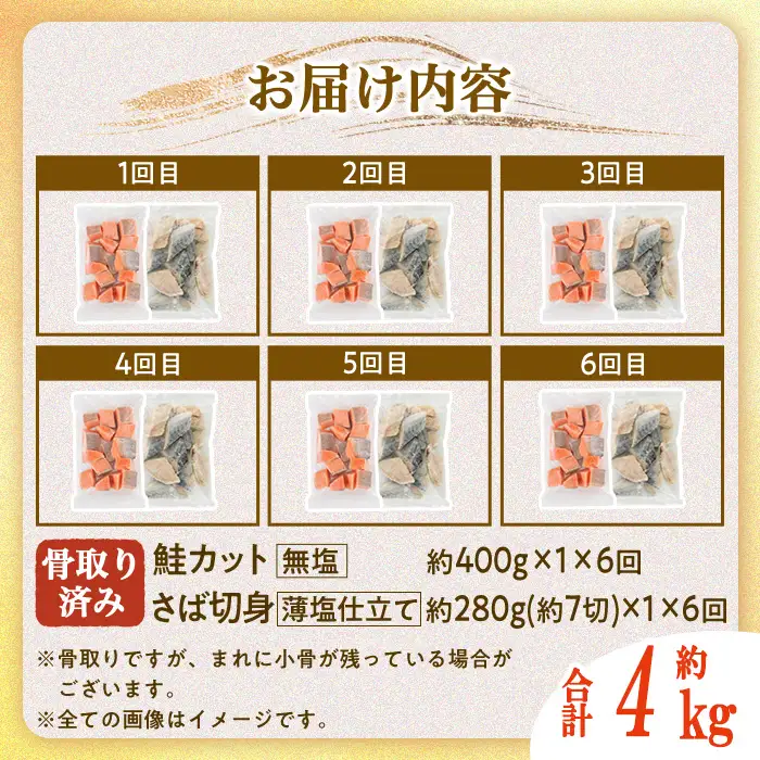 【定期便・全6回(連続)】骨取り さば切身と鮭カットのセット(総量約4kg) 小分け 冷凍  魚  【AW-106】【丸正水産】