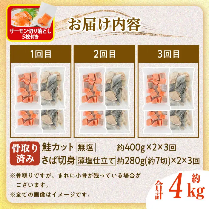 生活応援 サーモン切り落とし5枚付き！【定期便・全3回(連続)】骨取り さば切身と鮭カットのセット(総量約4kg) 小分け 冷凍 魚  【AW-107】【丸正水産】