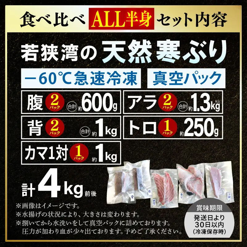 【先行予約】若狭・日向の天然寒ブリ 脂たっぷり 部位ごと食べ比べ ALL半身分セット (腹＋背＋トロ+アラ+カマ 計4kg前後）【2026年12月下旬以降順次発送】寒ぶり [m17-j004]