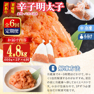 ＜定期便・全6回 (連続)＞ 訳あり 辛子明太子 並切 バラコ 込み (4.8kg) 訳アリ 小分け 無着色 めんたい 明太子 明太 定期便 冷凍 大容量 個包装 海鮮 小分け 簡易包装 めんたいこ 切れ子 並切 【BQ90】【佐伯海産】