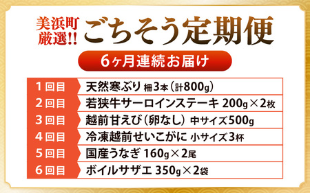 定期便【6ヶ月連続お届け】美浜町厳選 ごちそう定期便（寒ブリ・若狭牛・甘エビ・せいこがに・うなぎ・さざえ）【 海鮮定期便 】 [m60-i003]