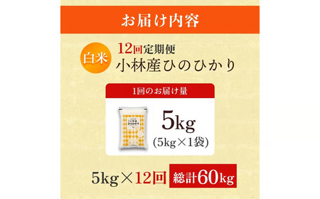 【定期便 全12回】令和7年産米 ヒノヒカリ 5kg×12回 計60kg（お米 米 ひのひかり 国産 人気 お弁当 定期便 宮崎県 小林市）