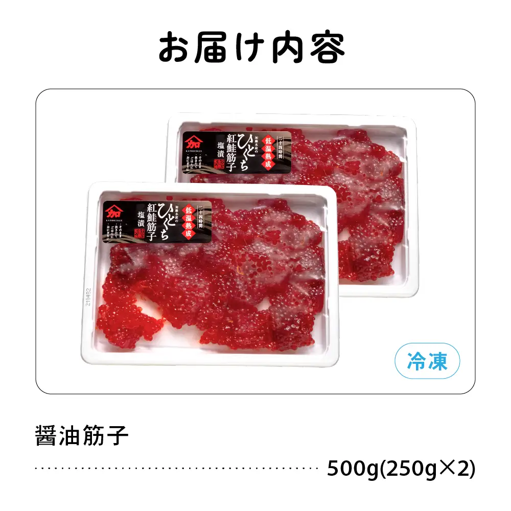 〈11月配送〉訳あり 紅鮭筋子醤油漬 500g (250g×2個入）加藤水産 ひとくちカット すじこ 魚卵 海鮮 おかず おにぎりの具 贈答 ギフト 人気 留萌市