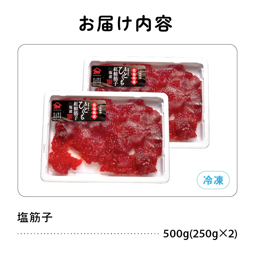 〈12月配送〉訳あり 紅鮭塩筋子500g (250g×2個入）加藤水産 ひとくちカット　すじこ 魚卵 海鮮 おかず おにぎりの具 贈答 ギフト 人気 留萌市R002-005-12