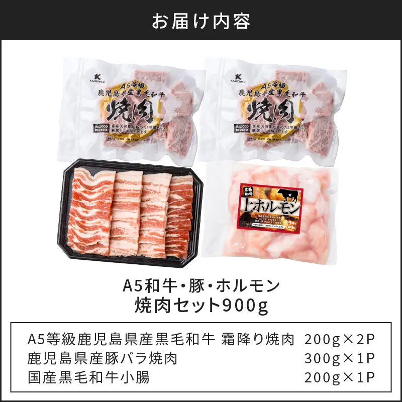 【 A5和牛 ・ 豚 ・ ホルモン 】焼肉セット900g K002-055 豚肉 豚バラ 牛肉 黒毛和牛