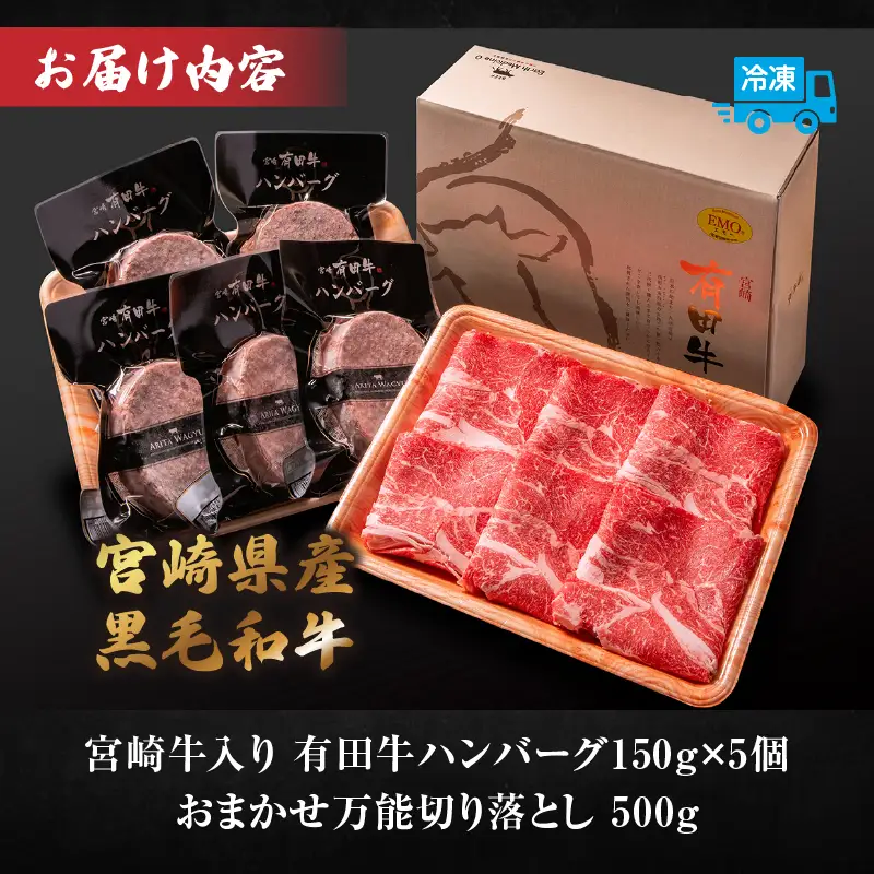 宮崎牛入有田ハンバーグ150g×5個と万能切落し500g |宮崎牛 和牛 黒毛和牛 国産牛 牛肉 ハンバーグ 牛100％ ハンバーグステーキ 切り落とし 切落し 万能切落し 霜降り 赤身 混在 有田牧畜 エモ―牛 ハンバーグセット セット商品 詰め合わせ 家族向け 家庭用 夕食 冷凍 小分け 500g 150g 食べ比べ 人気 TV紹介 ふるさと納税 返礼品 宮崎県 高千穂町|_Tk055-002