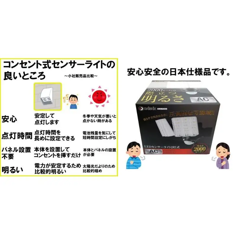 防犯 センサーライト 2灯式 コンセント 大進 防犯ライト 屋外 ライト 外灯 明るい LED LEDライト 人感センサー 人感 センサー 自動点灯 コンセント式 防犯グッズ 家 ベランダ 玄関 庭 駐車場 後付け 防雨 DLA-7T200 4939736902158 兵庫県 小野市