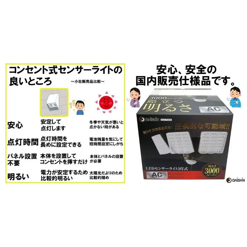 防犯 センサーライト 3灯式 コンセント 大進 防犯ライト 屋外 ライト 外灯 明るい LED LEDライト 人感センサー 人感 センサー 自動点灯 コンセント式 防犯グッズ 家 ベランダ 玄関 庭 駐車場 後付け 防雨 DLA-7T300 4939736902165 兵庫県 小野市