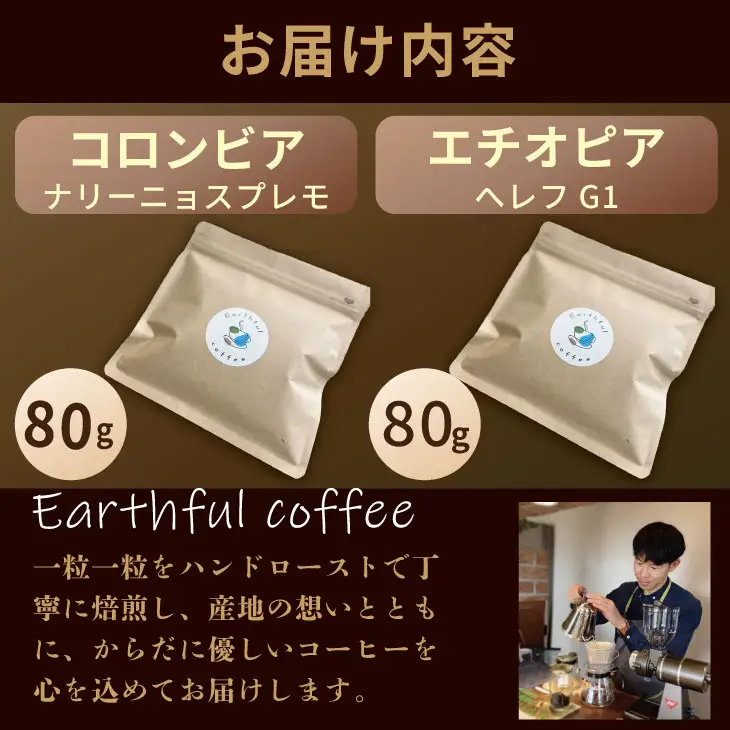 自家焙煎 コーヒー 豆 2種セット コロンビア×80g、エチオピア×80g （粉）コーヒー A060-018