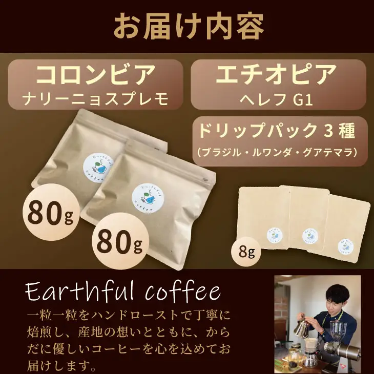 飲み比べ 自家焙煎コーヒー豆 各80g 2種 （粉）＆ドリップパック ３パック コーヒー A090-031