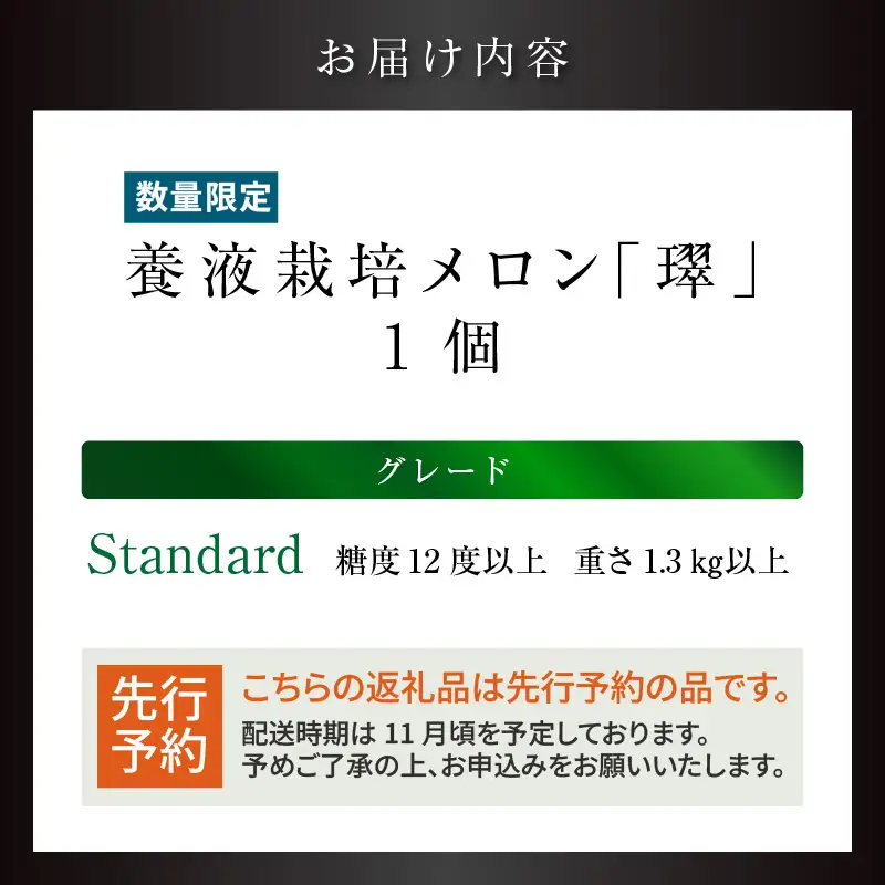 養液栽培メロン「璻」1玉【Standard】（糖度12度以上、重さ1.3㎏以上）
