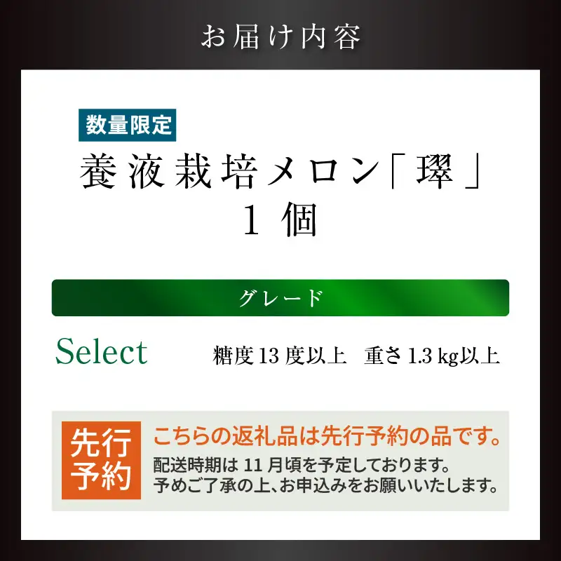 養液栽培メロン「璻」1玉【Select】（糖度13度以上、重さ1.3㎏以上）【熨斗対応可能】