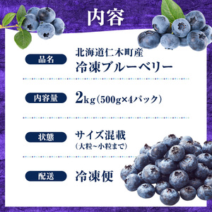 【朝採り】収穫当日冷凍「北海道ニキブルーベリー」2kg（500g×4）サイズ混載 果物 くだもの 冷凍 フルーツ ブルーベリー 北海道 仁木［ぜにたに農園］