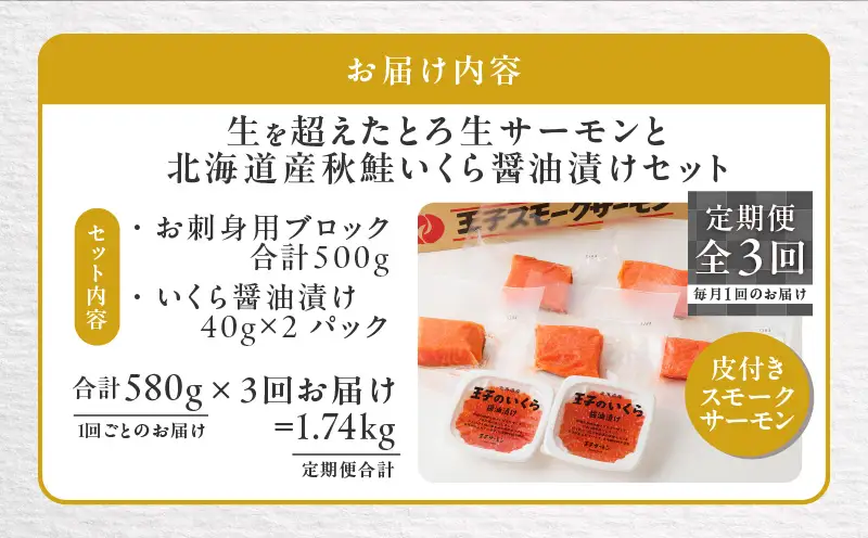 【全3回定期便（毎月）】【王子サーモン】生を超えた「とろ生サーモン」と北海道産秋鮭 いくら醤油漬セット 計580g T041-T01-01 定期便 定期 魚