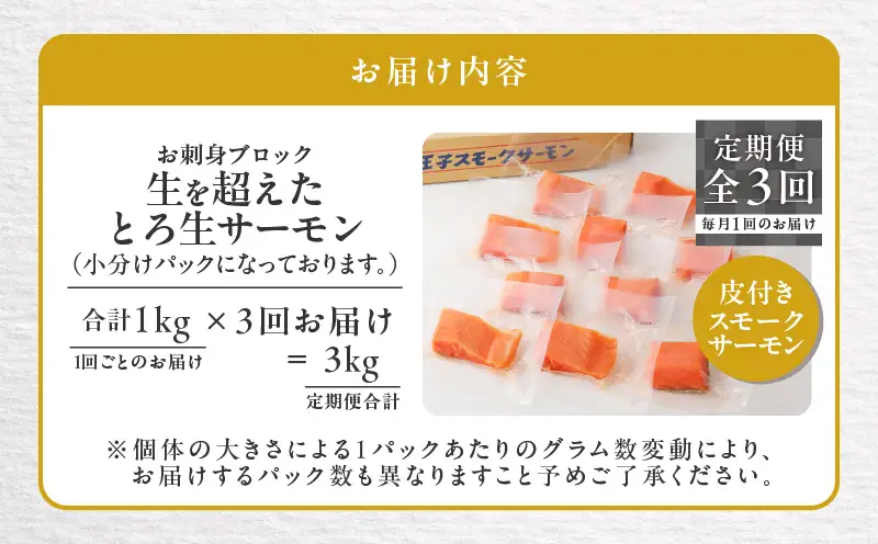 【全3回定期便（毎月）】【王子サーモン】生を超えた「とろ生サーモン」お刺身用ブロック 1kg T041-T09-01 定期便 定期 魚