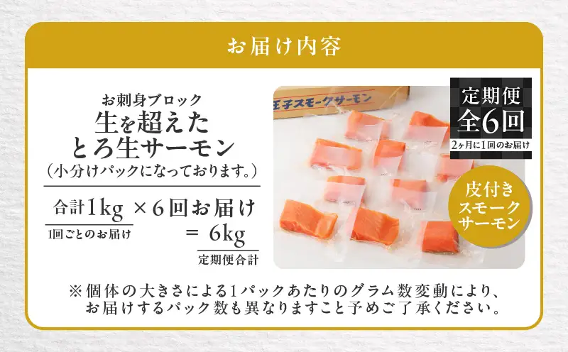 【全6回定期便（隔月）】【王子サーモン】生を超えた「とろ生サーモン」お刺身用ブロック 1kg T041-T09-04 定期便 定期 魚