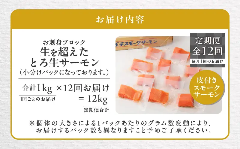 【全12回定期便（毎月）】【王子サーモン】生を超えた「とろ生サーモン」お刺身用ブロック 1kg T041-T09-05 定期便 定期 魚