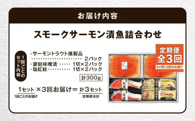 【全3回定期便（4ヶ月毎）】【王子サーモン】スモークサーモン・漬魚詰合わせ T041-T10-02 定期便 定期 魚