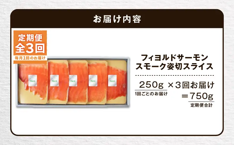 【全3回定期便（毎月）】【王子サーモン】フィヨルドサーモンスモーク姿切スライス 250g T041-T12-01 定期便 定期 魚
