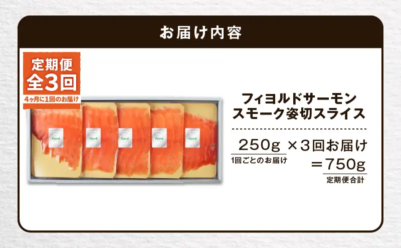 【全3回定期便（4ヶ月毎）】【王子サーモン】フィヨルドサーモンスモーク姿切スライス 250g T041-T12-02 定期便 定期 魚