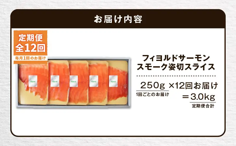 【全12回定期便（毎月）】【王子サーモン】フィヨルドサーモンスモーク姿切スライス 250g T041-T12-05 定期便 定期 魚