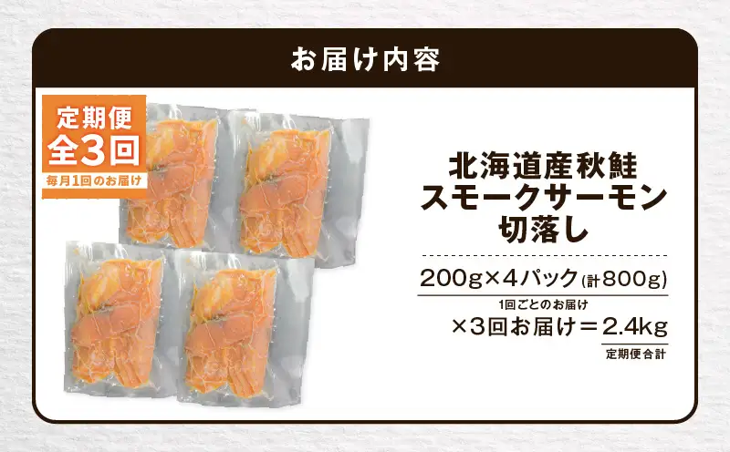 【全3回定期便（毎月）】【王子サーモン】北海道産チップで燻製 北海道産秋鮭スモークサーモン切落し200g×4個セット T041-T16-01 定期便 定期 魚