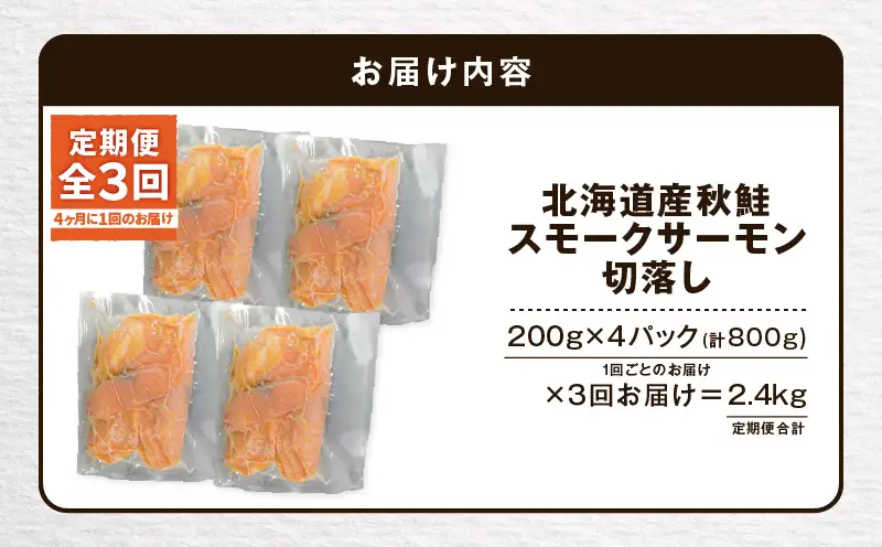 【全3回定期便（4ヶ月毎）】【王子サーモン】北海道産チップで燻製 北海道産秋鮭スモークサーモン切落し200g×4個セット T041-T16-02 定期便 定期 魚
