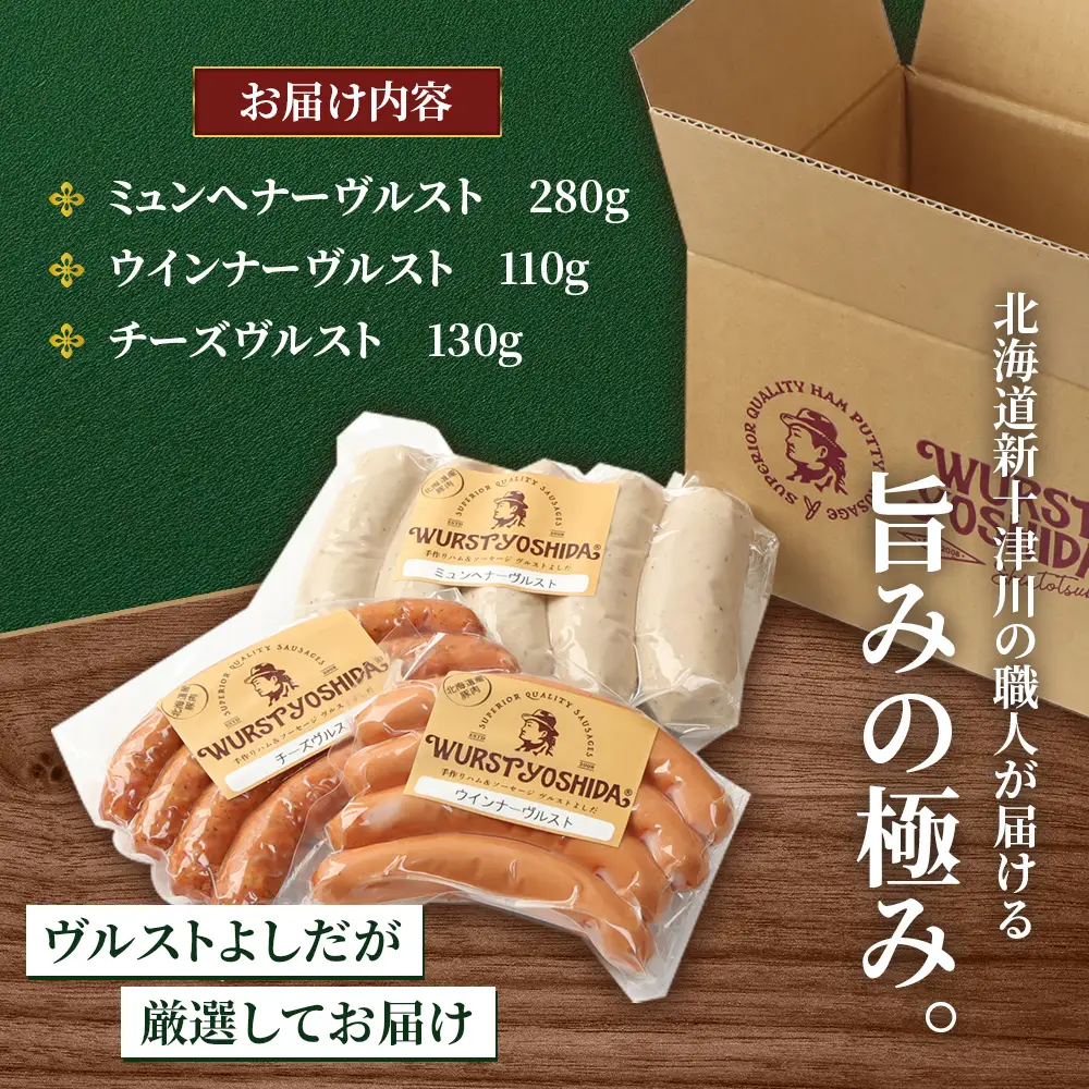 【ふるなびWEEK対象】はじめてのヴルストよしだセット（ミュンへナーヴルスト、ウインナーヴルスト、チーズヴルスト）3種セット【1401001】