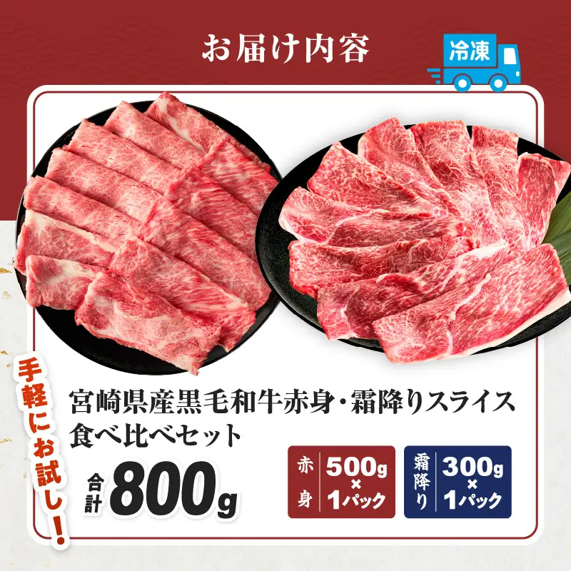 【畜産農家応援】≪肉質等級4等級以上≫黒毛和牛(赤身&霜降り)スライス食べ比べセット 合計800g 肉 牛 牛肉 おかず 国産_T030-2176