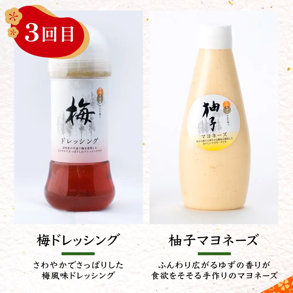 【定期便3か月毎全3回】ドレッシング定期便 常温｜ドレッシング マヨネーズ ソース ノンオイルドレッシング 調味料 椎茸 胡麻ドレッシング 柚子 梅 サラダ もろっこはうす 宮崎県 諸塚村 MO-51