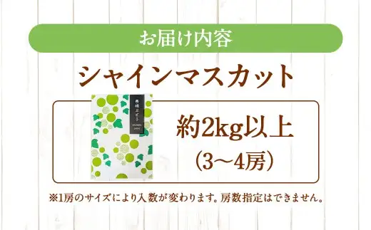 【ふるなびWEEK対象】シャインマスカット 約2kg （3～4房） 【2026年8月上旬～下旬発送予定】 ぶどう 甘み くだもの 果物 果実 フルーツ 葡萄 ブドウ マスカット 香り 酸味 果汁 果樹園