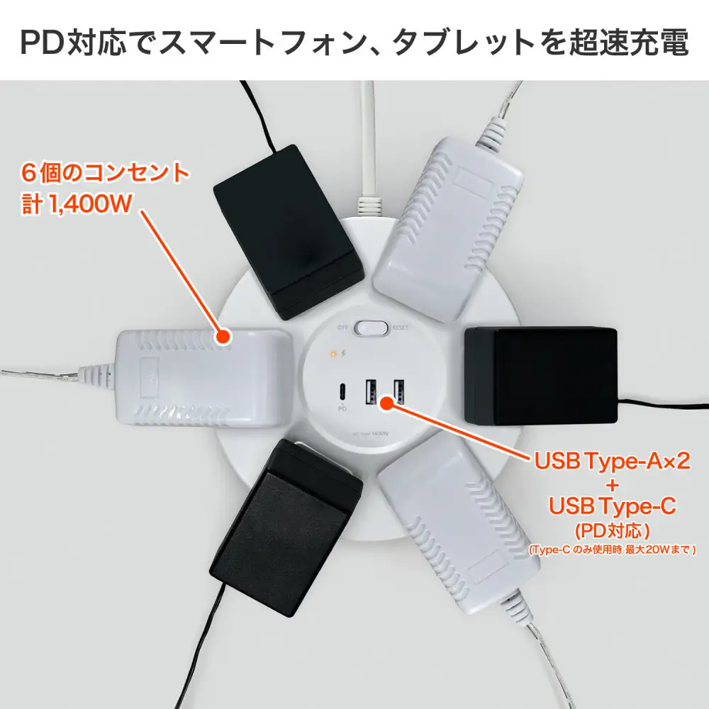 丸形USBタップ６個口ＰＤ２０Ｗ WLS-R6322BUC(W)