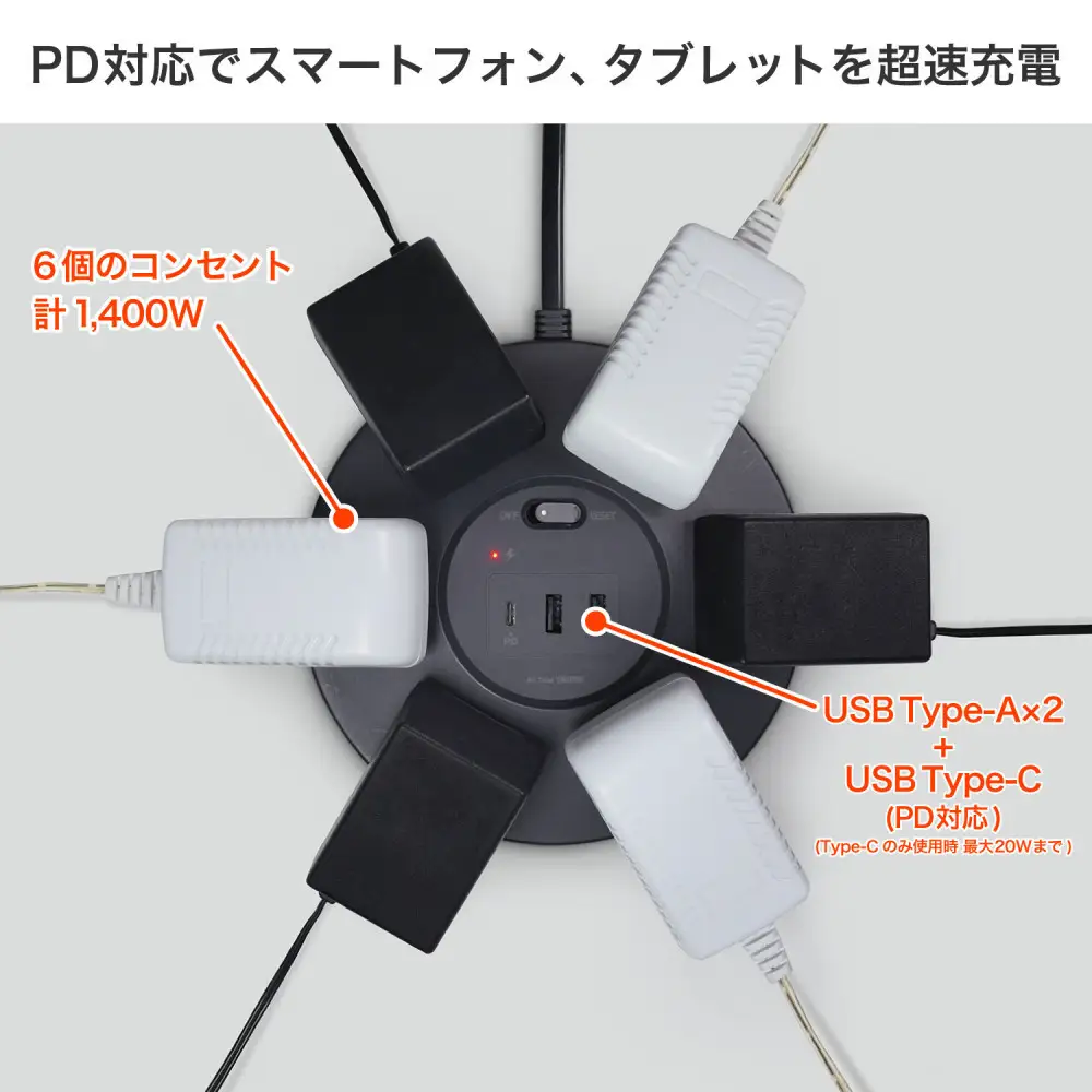丸形USBタップ６個口ＰＤ２０Ｗ WLS-R6322BUC(BK)