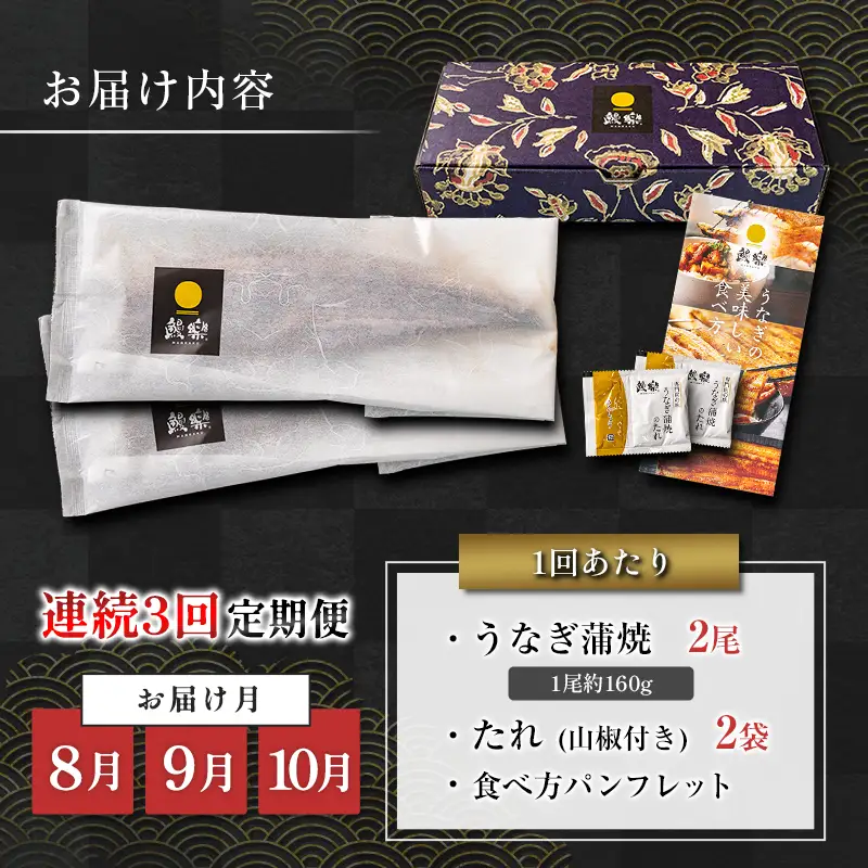 うなぎ 蒲焼 定期便 ＜計3回＞ 鰻 2尾 （計960g） 国産 ウナギ 3か月 連続 人気 ギフト 贈答品 おすすめ 小分け 宮崎県 高鍋町 名物【MR-g-008】
