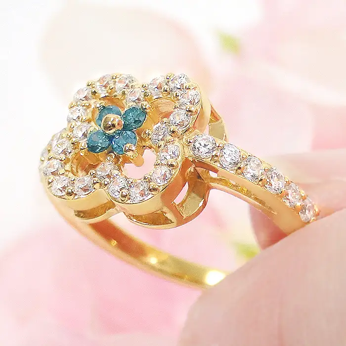 指輪 レディース リング  K18YG イエローゴールド ダイヤモンド 0.61ct ブルーダイヤ クローバー 四つ葉 花 モチーフ ダイヤリング ジュエリー 山梨県 南アルプス市 【f259-k18yg-bd】 ALPAZ207